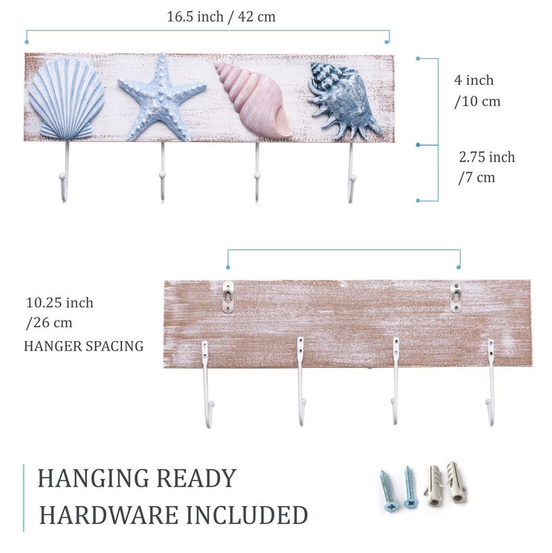 Tide and Tales TideAndTales Beach Decor Seashell Wall Hooks Towel Rack for Bathroom, Bedroom or Kitchen | 4 Strong Hooks | Ocean Theme Beach House Decor - Image 5